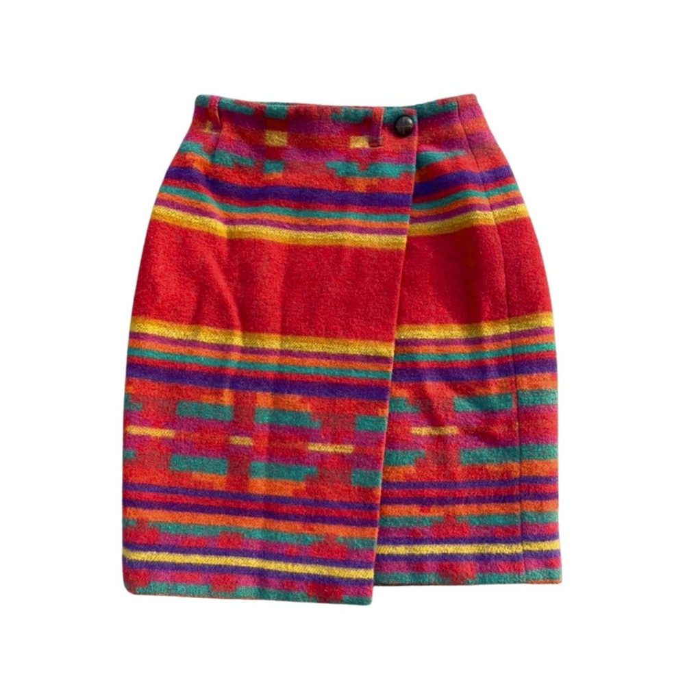 Vintage Boho Wrap Pencil Skirt Red Yellow Striped Bohemian Western Six 6 Wool